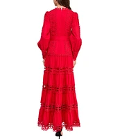 Layered With Love Woven Cotton Crew Neck Blouson Sleeves Belted Crochet Trim A-Line Maxi Dress