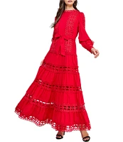 Layered With Love Woven Cotton Crew Neck Blouson Sleeves Belted Crochet Trim A-Line Maxi Dress