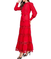 Layered With Love Woven Cotton Crew Neck Blouson Sleeves Belted Crochet Trim A-Line Maxi Dress