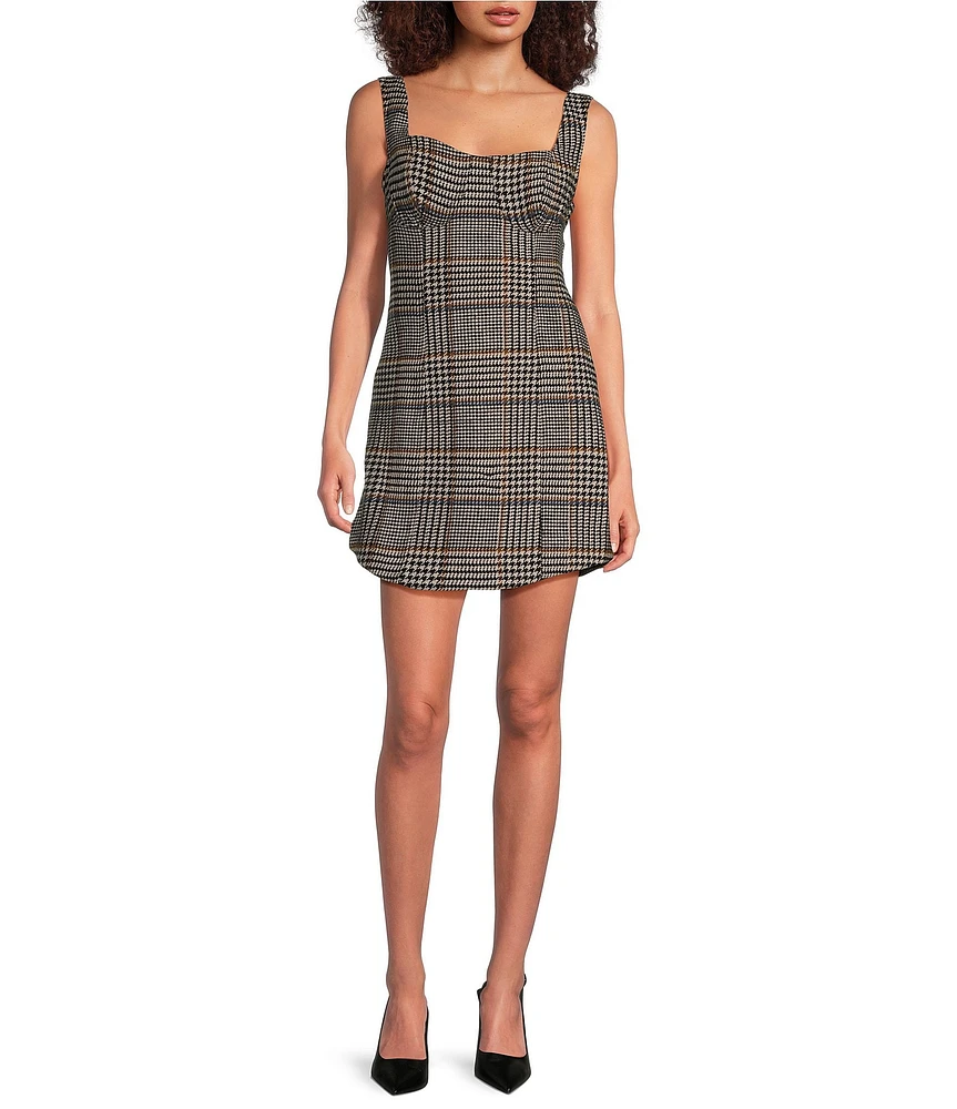 Le' AL.X Wool Blend Knit Glen Plaid Sweetheart Neck Tank Strap Bustier Mini Coordinating Dress