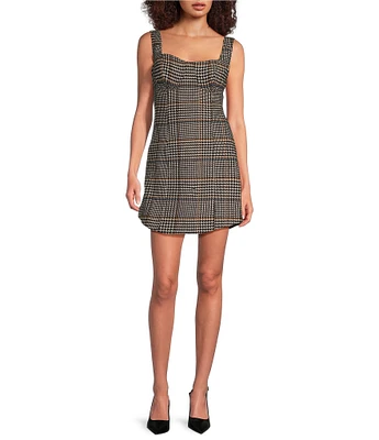 Le' AL.X Wool Blend Knit Glen Plaid Sweetheart Neck Tank Strap Bustier Mini Coordinating Dress