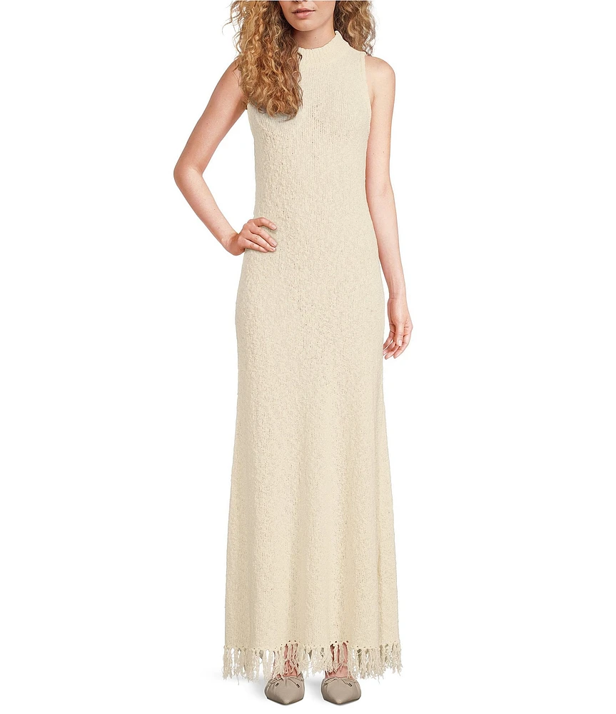 Le' AL.X Boucle Sweater Knit Mock Neck Sleeveless Shift Fringe Hem Maxi Dress