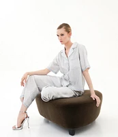 Le' AL.X Logo Print Satin Notch Lapel Short Sleeve Cropped Coordinating Camp Shirt