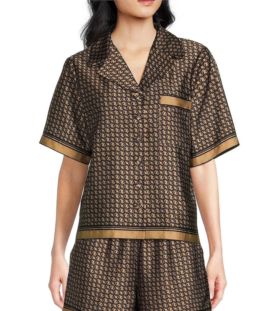 Le' AL.X Coordinating Border Printed Button Front Short Sleeve Cropped Satin Camp Shirt