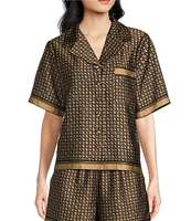 Le' AL.X Coordinating Border Printed Button Front Short Sleeve Cropped Satin Camp Shirt