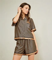 Le' AL.X Coordinating Border Printed Button Front Short Sleeve Cropped Satin Camp Shirt