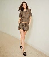 Le' AL.X Coordinating Border Printed Button Front Short Sleeve Cropped Satin Camp Shirt