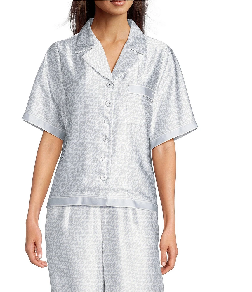 Le' AL.X Logo Print Satin Notch Lapel Short Sleeve Cropped Coordinating Camp Shirt
