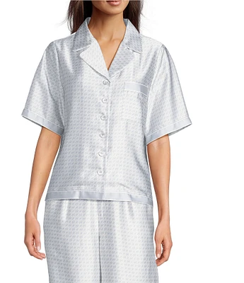 Le' AL.X Logo Print Satin Notch Lapel Short Sleeve Cropped Coordinating Camp Shirt