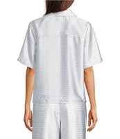 Le' AL.X Logo Print Satin Notch Lapel Short Sleeve Cropped Coordinating Camp Shirt