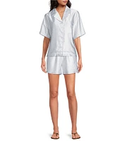 Le' AL.X Logo Print Satin Notch Lapel Short Sleeve Cropped Coordinating Camp Shirt