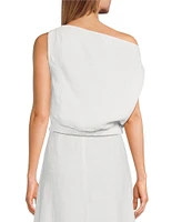 Le' AL.X Coordinating Linen Asymmetrical One Shoulder Cowl Neck Cropped Blouse