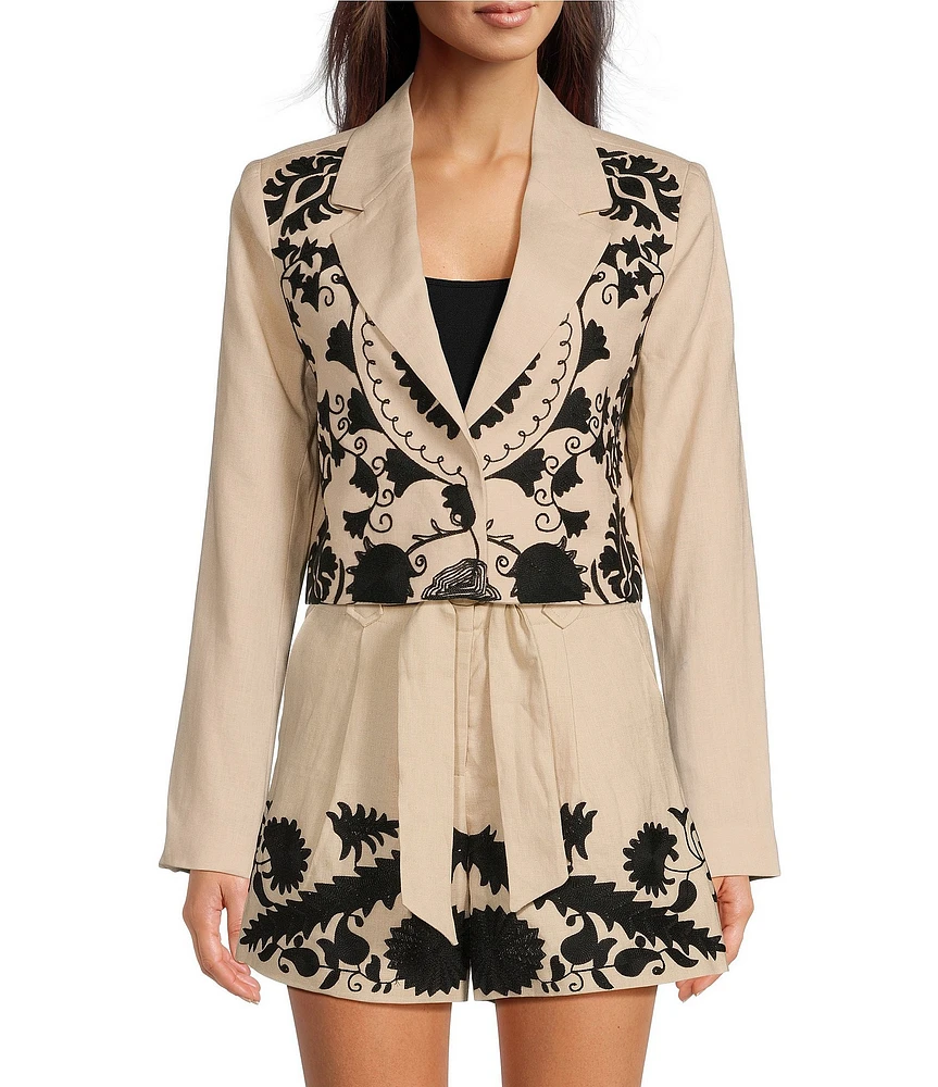 Le' AL.X Embroidered Linen Notch Lapel Long Sleeve Button Front Cropped Coordinating Blazer