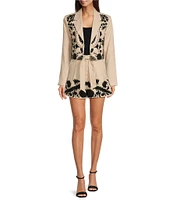 Le' AL.X Embroidered Linen Notch Lapel Long Sleeve Button Front Cropped Coordinating Blazer