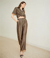 Le' AL.X Logo Print Satin High Waisted Pleated Front Wide Leg Coordinating Pants