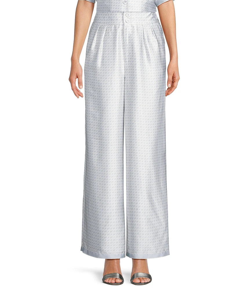 Le' AL.X Logo Print Satin High Waisted Pleated Front Wide Leg Coordinating Pants