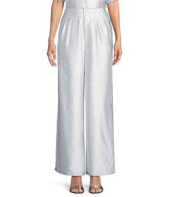 Le' AL.X Logo Print Satin High Waisted Pleated Front Wide Leg Coordinating Pants