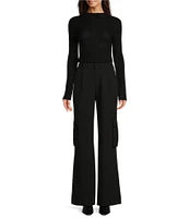 Le' AL.X Woven Crepe High Rise Pleated Front Cargo Suit Wide Leg Coordinating Pants