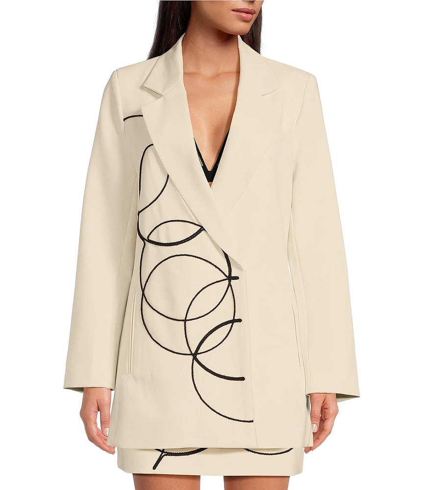 Le' AL.X Coordinating Woven Notch Lapel Collar Circle Embroidered Longline Blazer