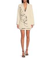 Le' AL.X Coordinating Woven Notch Lapel Collar Circle Embroidered Longline Blazer