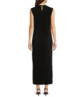 Le' AL.X Crinkle Pleated Stretch Knit Crew Neck Sleeveless Coordinating Side Slit Shift Maxi Dress