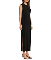 Le' AL.X Crinkle Pleated Stretch Knit Crew Neck Sleeveless Coordinating Side Slit Shift Maxi Dress