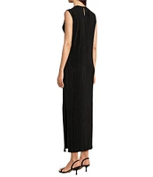 Le' AL.X Crinkle Pleated Stretch Knit Crew Neck Sleeveless Coordinating Side Slit Shift Maxi Dress