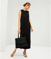 Le' AL.X Crinkle Pleated Stretch Knit Crew Neck Sleeveless Coordinating Side Slit Shift Maxi Dress