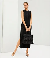 Le' AL.X Crinkle Pleated Stretch Knit Crew Neck Sleeveless Coordinating Side Slit Shift Maxi Dress