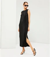 Le' AL.X Crinkle Pleated Stretch Knit Crew Neck Sleeveless Coordinating Side Slit Shift Maxi Dress