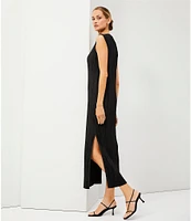 Le' AL.X Crinkle Pleated Stretch Knit Crew Neck Sleeveless Coordinating Side Slit Shift Maxi Dress