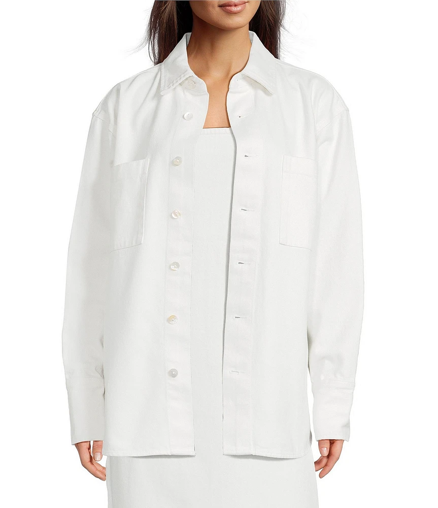 Le' AL.X Denim Point Collar Button Front Dropped Long Sleeve Oversized Coordinating Overshirt