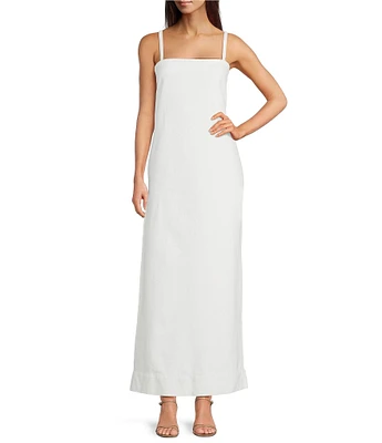 Le' AL.X Denim Square Neck Spaghetti Strap Back Split Hem Column Coordinating Maxi Dress