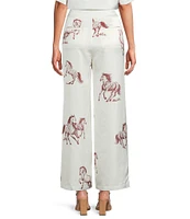 Le' AL.X Horse Print Satin High Waisted Pleated Front Wide Leg Coordinating Pants