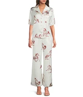 Le' AL.X Horse Print Satin High Waisted Pleated Front Wide Leg Coordinating Pants