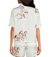 Le' AL.X Horse Print Satin Notch Lapel Short Sleeve Cropped Coordinating Camp Shirt