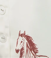 Le' AL.X Horse Print Satin Notch Lapel Short Sleeve Cropped Coordinating Camp Shirt