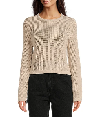 Le' AL.X Knit Open Crochet Crew Neck Long Bell Sleeve Cropped Pullover Top