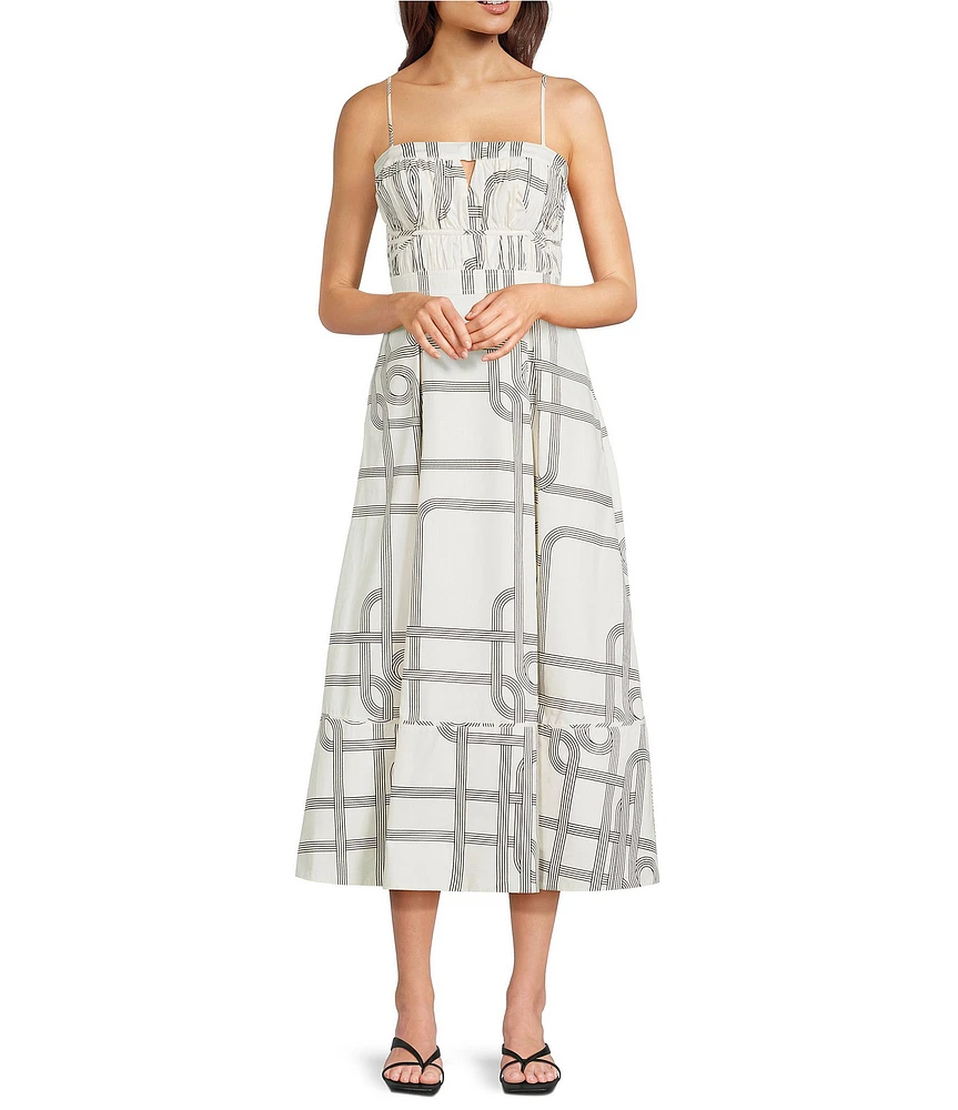 Le' AL.X Knot Print Woven Ruched Straight Keyhole Neck Spaghetti Strap A-Line Midi Coordinating Dress