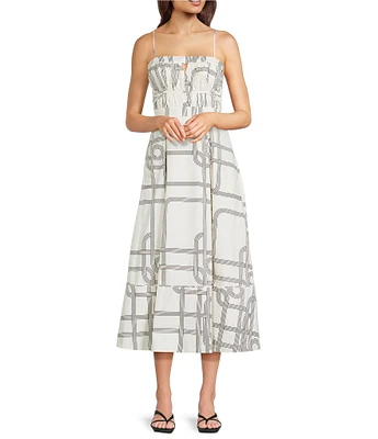 Le' AL.X Knot Print Woven Ruched Straight Keyhole Neck Spaghetti Strap A-Line Midi Coordinating Dress