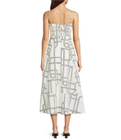 Le' AL.X Knot Print Woven Ruched Straight Keyhole Neck Spaghetti Strap A-Line Midi Coordinating Dress