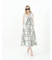 Le' AL.X Knot Print Woven Ruched Straight Keyhole Neck Spaghetti Strap A-Line Midi Coordinating Dress