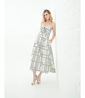 Le' AL.X Knot Print Woven Ruched Straight Keyhole Neck Spaghetti Strap A-Line Midi Coordinating Dress