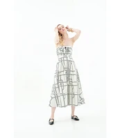 Le' AL.X Knot Print Woven Ruched Straight Keyhole Neck Spaghetti Strap A-Line Midi Coordinating Dress