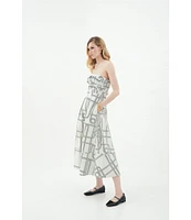 Le' AL.X Knot Print Woven Ruched Straight Keyhole Neck Spaghetti Strap A-Line Midi Coordinating Dress