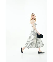 Le' AL.X Knot Print Woven Ruched Straight Keyhole Neck Spaghetti Strap A-Line Midi Coordinating Dress
