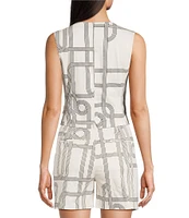 Le' AL.X Knot Print Woven V-Neck Sleeveless Button Front Coordinating Vest