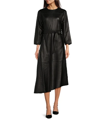 Le' AL.X Leather Round Neck Dolman 3/4 Sleeve Tie Waist A-Line Asymmetrical Flounce Midi Dress