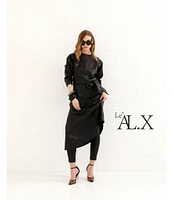 Le' AL.X Leather Round Neck Dolman 3/4 Sleeve Tie Waist A-Line Asymmetrical Flounce Midi Dress