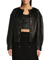 Le' AL.X Leather Ruched Crew Neck Long Sleeve Button Front Bomber Jacket